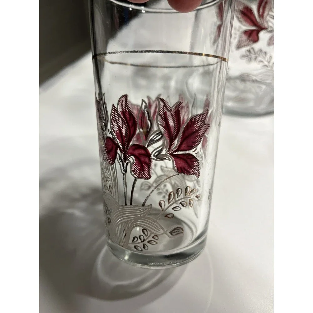6pc Vtg Floral Glass Water Juice Pitcher w 10oz Drinking Tumblers Glasses Italy
